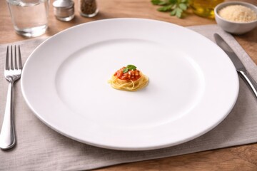 Delicate Spaghetti Dish with Tomato Sauce Garnished with Basil on an Elegant White Plate Set on a Minimalist Table for Gourmet Dining Experience