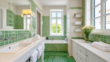 Family bathroom, centered double sink vanity with green emerald tiles, large mirror, bright daylight, practical layout