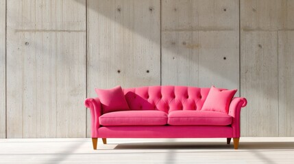 Industrial living room, neon pink sofa, raw concrete walls, soft daylight, bold contrast, uncluttered