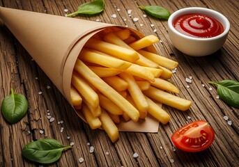 Delicious Golden French Fries Served in a Classic Paper Cone with Zesty Ketchup and Fresh Green Herbs on a Rustic Wooden Background