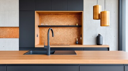 Industrial kitchen, hammered copper backsplash, dark cabinets, warm glow, textured metal accent