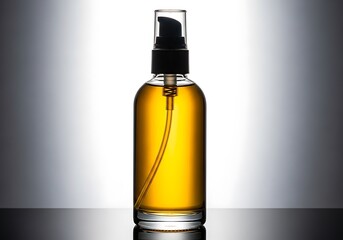 Clear bottle with golden liquid and pump dispenser