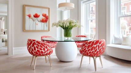 Intimate dining room, full view round glass table, red sculptural chairs, soft light, chic modern vignette