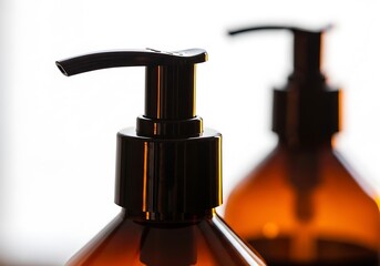 Two amber pump bottles for liquids