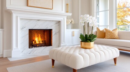 Living room detail, marble fireplace surround, cream boucle ottoman, warm fire glow, cozy close up