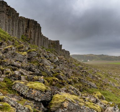 view of the coarse dolerite basalt lava rock columns at the Gerduberg cliffs on the Snaefellsnes Peninsula in western Iceland