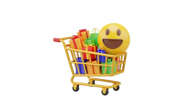 A smiling emoticon in a shopping cart filled with colorful items isolated on transparent background