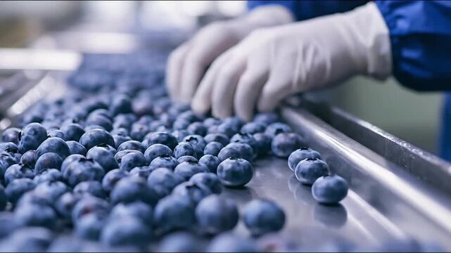 Blueberries on a conveyor belt in a food processing plant