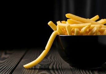 Golden French Fries in a Black Bowl against a Dark Background