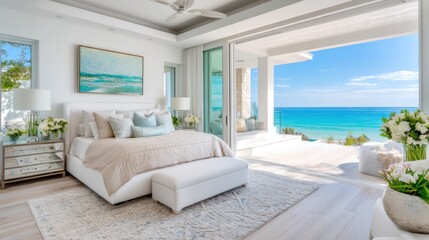 Luxury master bedroom, centered king size bed with silk champagne bedding, mirrored nightstands, sliding glass wall opening to calm turquoise ocean sunrise