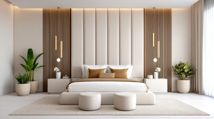 Modern bedroom, centered bed with wide integrated velvet headboard spanning the wall, built in lights, cozy functional luxury