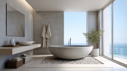 Minimalist spa bathroom, freestanding stone tub, large window view, microcement walls, soft daylight, luxury design