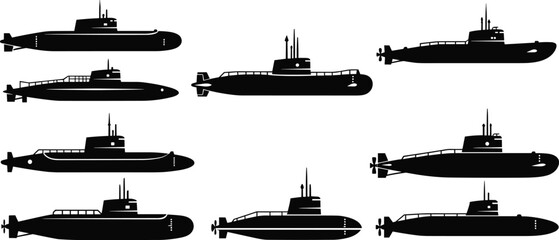 Military submarine silhouettes vector collection, underwater navy vessel icons, black maritime warship graphic elements, isolated ocean stealth boat design, naval marine technology, © Creative Mind
