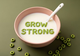 Inspiring Breakfast Message 'Grow Strong' Spelled with Cereal Loops in Milk