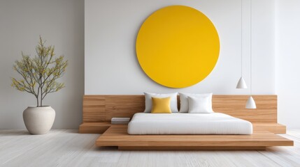 Modern bedroom, giant yellow circle wall art behind low bed, soft light, geometric accent, clean lines