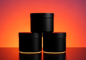 Sleek Black Cylindrical Containers Stacked in Pyramid on Reflective Surface with Vibrant Fiery Red and Orange Gradient