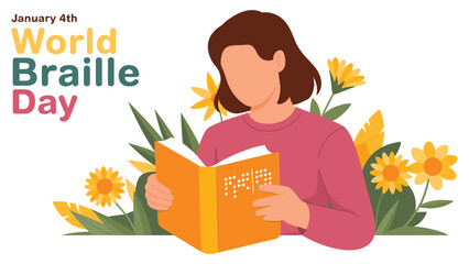 World Braille Day illustration showing a woman reading braille book, inclusive education and accessibility concept with decorative flowers