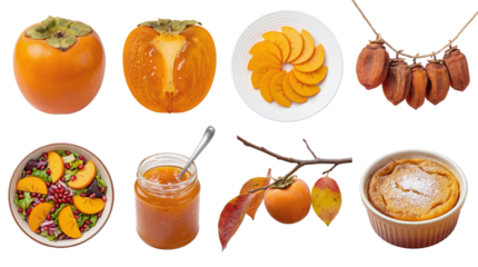 set of a persimmon collection in different forms, whole, dried, jam isolated on a transparent background