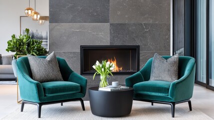 Moody chic lounge, emerald velvet armchairs, black marble fireplace, dramatic lighting, rich textures, opulent