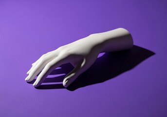 Elegant White Sculpture of a Hand Casting a Long Shadow on a Vibrant Purple Surface