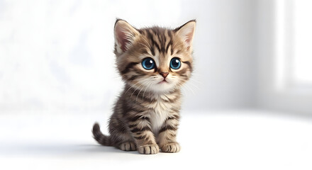 Obraz premium Ultra-Realistic Studio Portrait of an Adorable Blue-Eyed Tabby Kitten Sitting on a Clean White Background, Cute Baby Cat with Soft Fur and Expressive Eyes