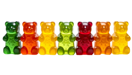 Lineup of vibrantly colored gummy bear candies, illuminated against a black background