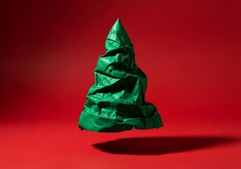 Artistic Green Crumpled Paper Christmas Tree Floating on a Vibrant Red Background, Creative Holiday Decor Concept
