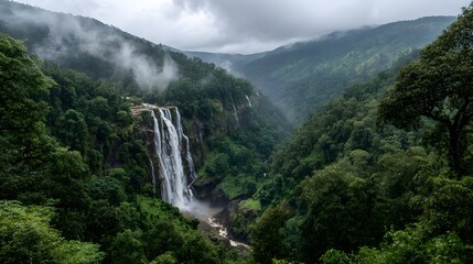 Obraz premium Majestic Waterfall Cascading Through Lush Green Mountains Under Cloudy Skies.