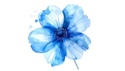 A vibrant watercolor flower illustration in varying shades of blue, set against a transparent background