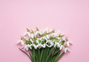 Delicate snowdrop flowers arranged on a soft pink background, symbolizing the arrival of spring
