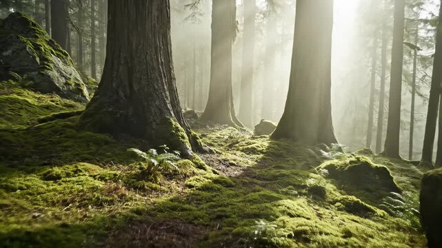 Wide cinematic dolly shot moving slowly through dense, heavy fog rolling over rugged moss-covered forest ground bathed in soft diffused light moody, jungle, silent