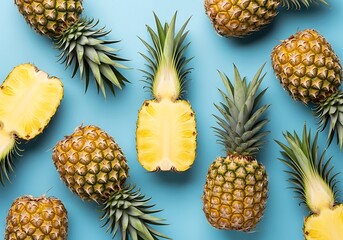 Vibrant Arrangement of Fresh Whole and Sliced Tropical Pineapples on a Bright Blue Background