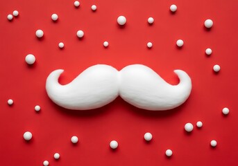 Playful white mustache and scattered snow-like balls create a cheerful holiday atmosphere on a striking red backdrop