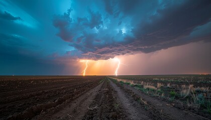 long exposure night storm over empty plains, minimal lights, restrained cinematic palette