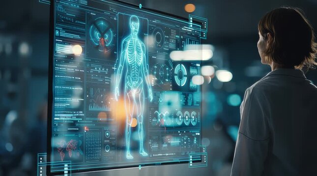 A doctor analyzing a human body X-Ray holographic screen display. The concept of futuristic medical diagnostics, advanced healthcare technology, and precision medicine. Generative AI.