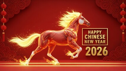 Fast running Fire Horse on a red background with traditional Chinese cloud patterns and lanterns for 2026 celebration