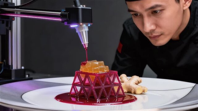 Un chef observa el proceso crear alimentos con una impresora 3D 