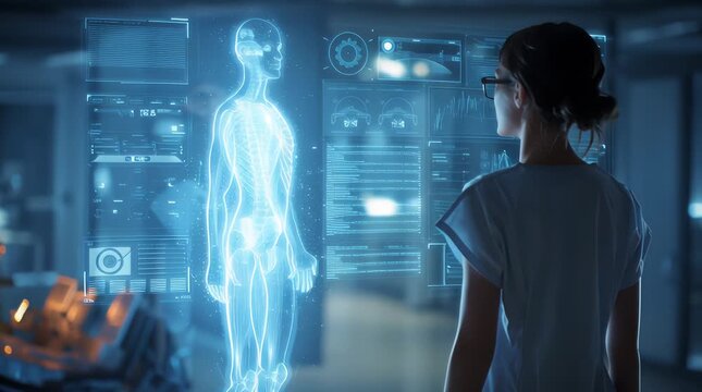 A doctor analyzing a human body X-Ray holographic screen display. The concept of futuristic medical diagnostics, advanced healthcare technology, and precision medicine. Generative AI.