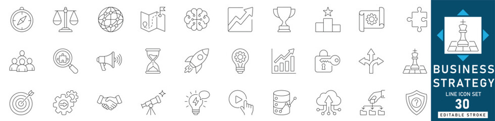 Premium business strategy line icon set featuring planning, analysis, growth, target, and leadership. High-quality editable thin outline vector elements for corporate and web design projects