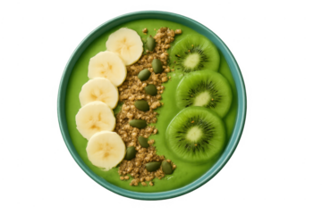 Green smoothie bowl with kiwi, banana, granola, pumpkin seeds enjoying healthy breakfast