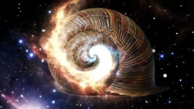 Snail shell glows with cosmic energy in space, representing growth, universe, travel, and potential