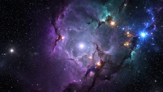 Wide cinematic shot of a vibrant purple and teal cosmic nebula slowly drifting and expanding across the deep void of simulated outer space blue, teal, dark background