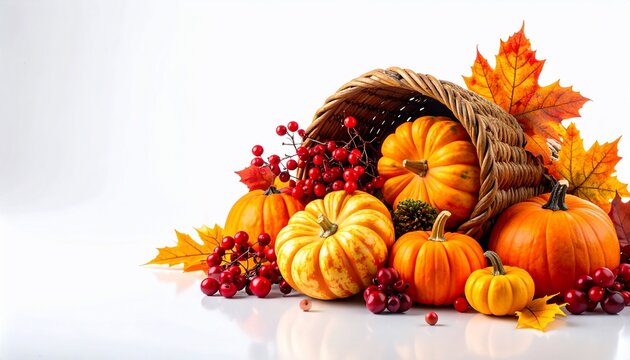 A cornucopia brimming with autumnal produce & foliage against a bright white backdrop