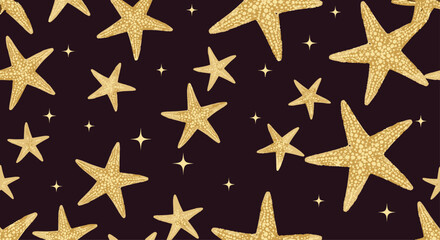 Obraz premium Seamless background pattern featuring numerous golden starfishes and tiny stars scattered across a dark burgundy night sky.