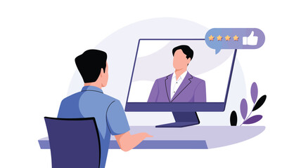 Online video interview illustration with businessman on computer screen for remote work, virtual meeting, recruitment and digital communication concept