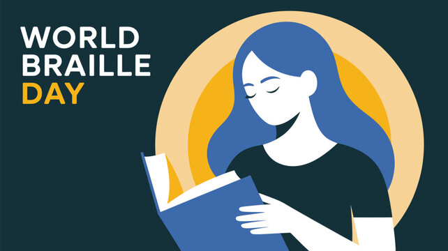 World Braille Day illustration showing woman reading braille book for accessibility awareness, education and inclusion concept in modern flat style - Powered by Adobe