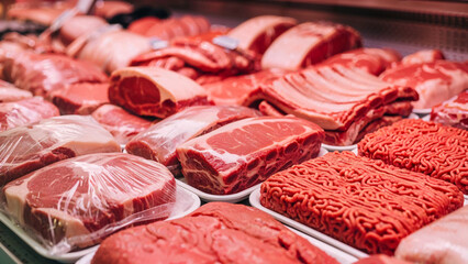 Fototapeta premium Assorted Fresh Meat Display at Market
