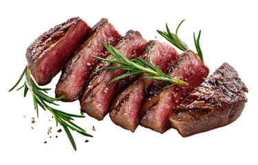Sliced grilled steak with rosemary and pepper