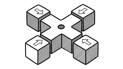 Obraz premium Interlocking Four-Cube Arrows Centerpiece Diagram For Conceptual Hub, Connection, Pathways In Design And Visual Structure