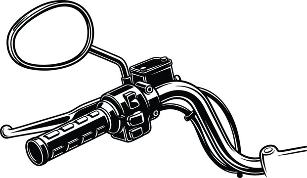 Detailed Line Art Vector Illustration of a Classic Motorcycle Handlebar with a Brake Lever, Grip, and Rearview Mirror for Travel and Hobby Themes.